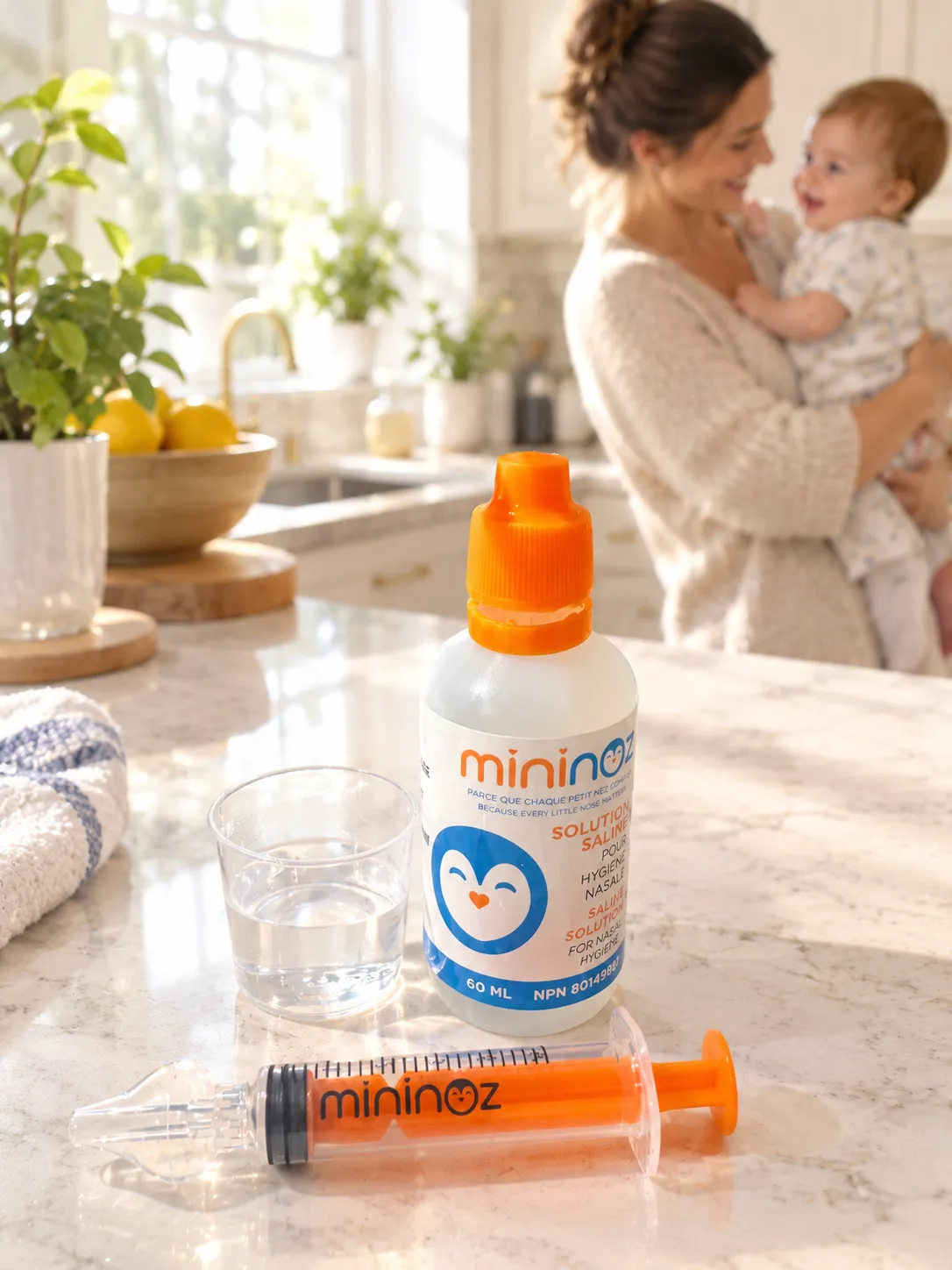Une maman tient son bébé dans une cuisine lumineuse; au premier plan, un flacon de solution saline Mininoz, un gobelet et une seringue