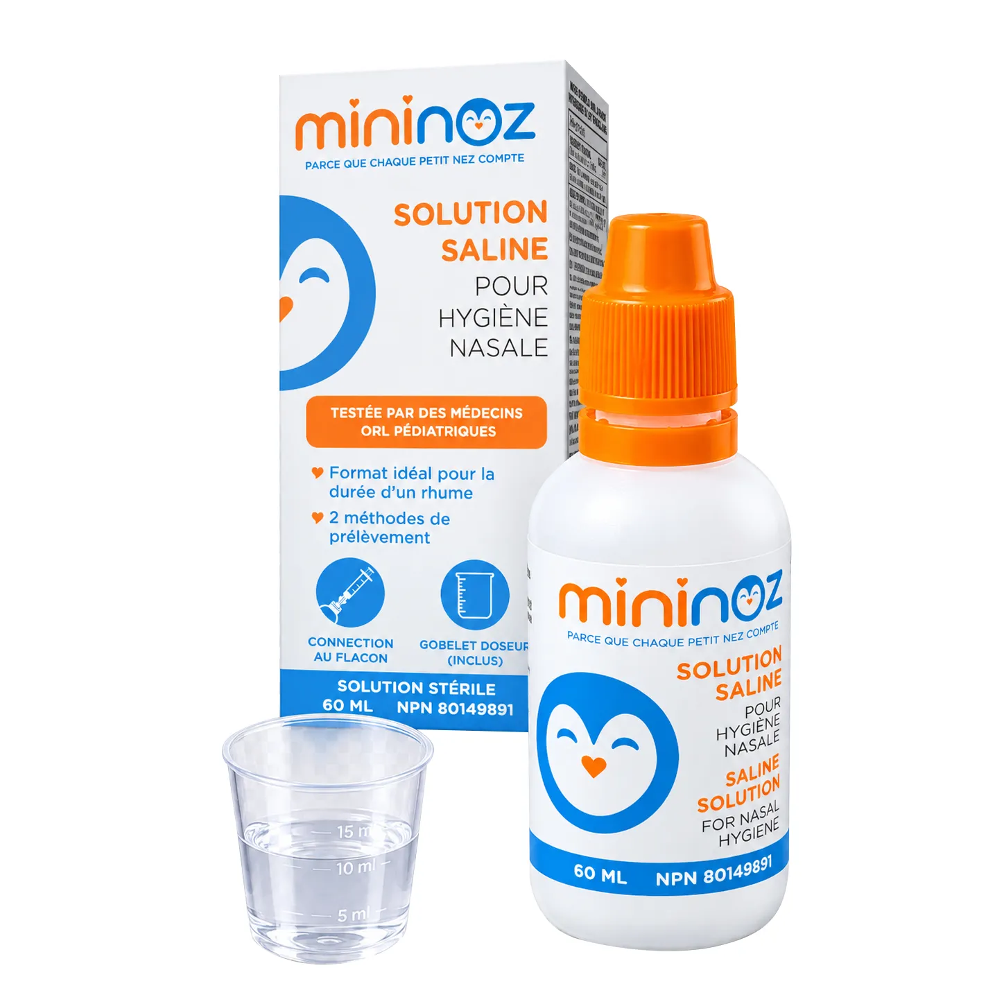 Flacon de solution saline Mininoz de 60 ml devant sa boîte, avec un gobelet doseur
