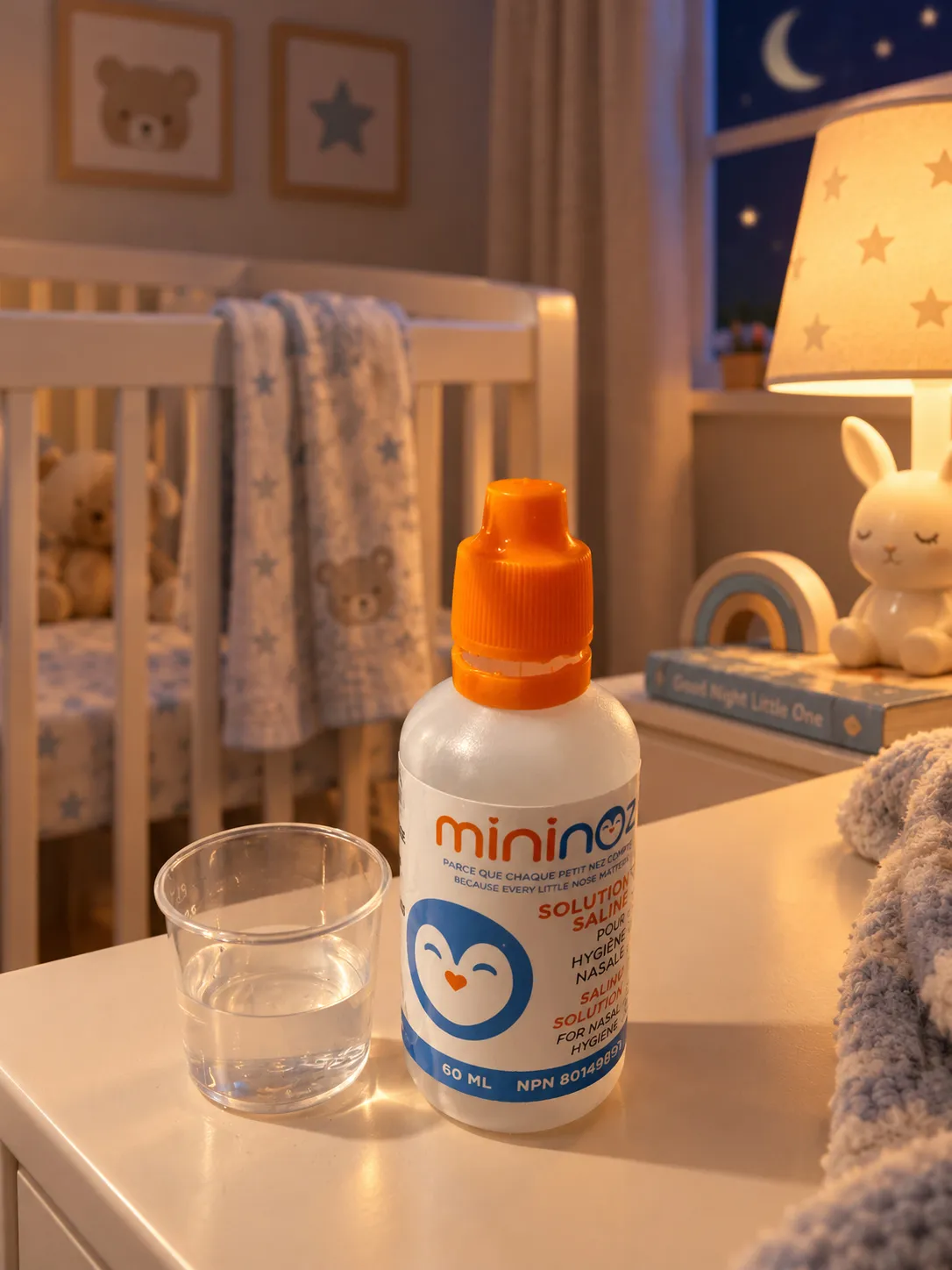 Flacon de solution saline Mininoz et gobelet sur une commode, dans une chambre de bébé